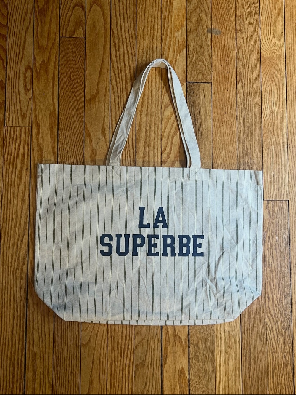 Sezane La Superbe Canvas Tote Bag in Cream with Navy Print